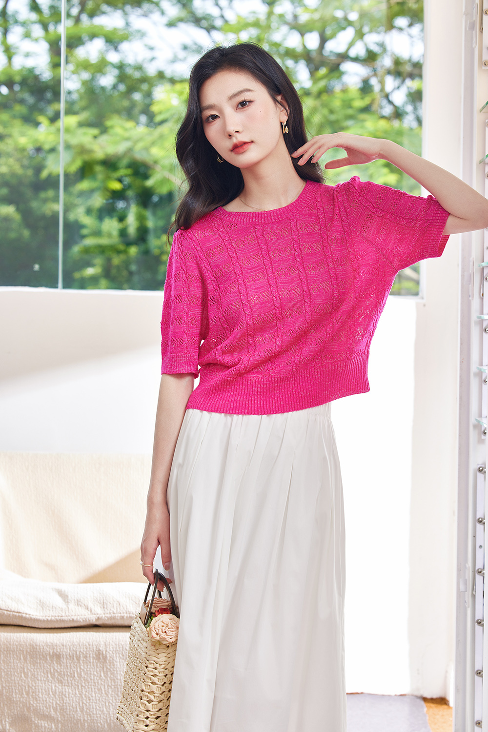 French Hollow Solid Color Knit Sweater