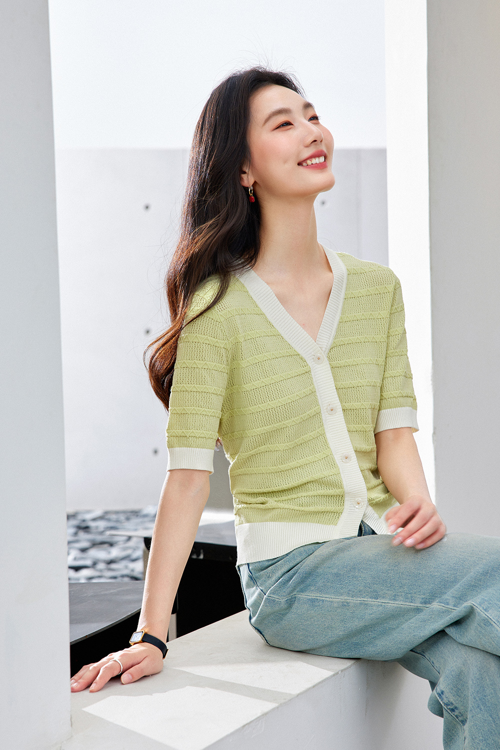 Color-Block French Textured Knit Cardigan
