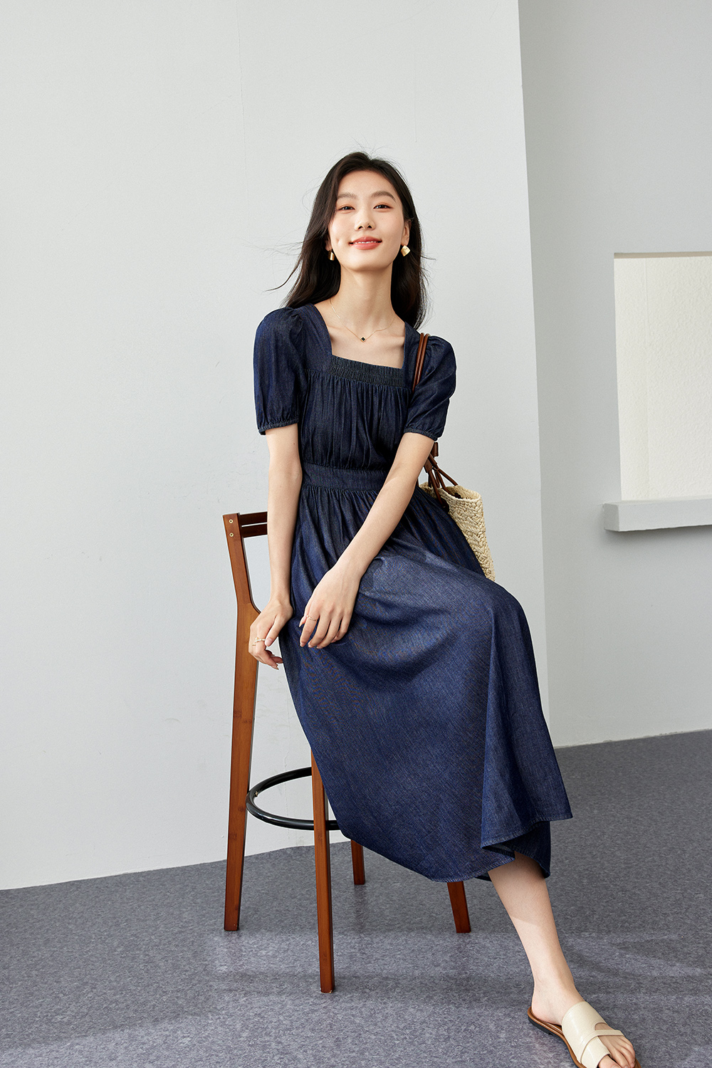 Retro Square Neck Denim Dress