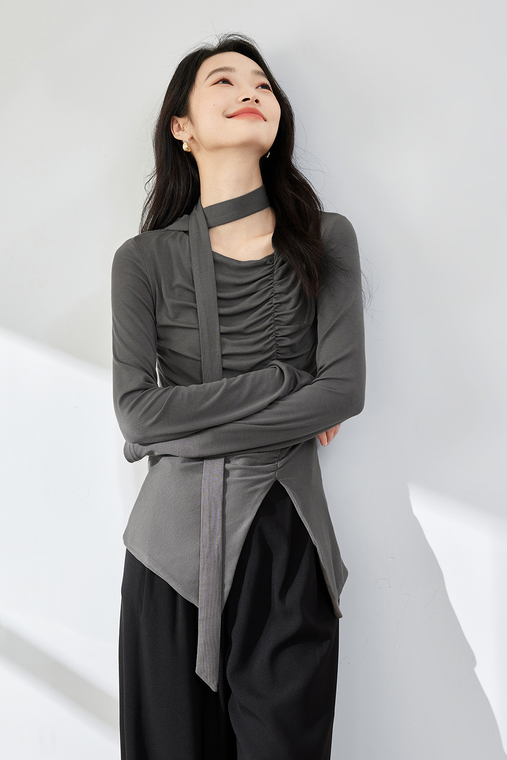 Retro Lyocell Pleated Ribbon T-Shirt