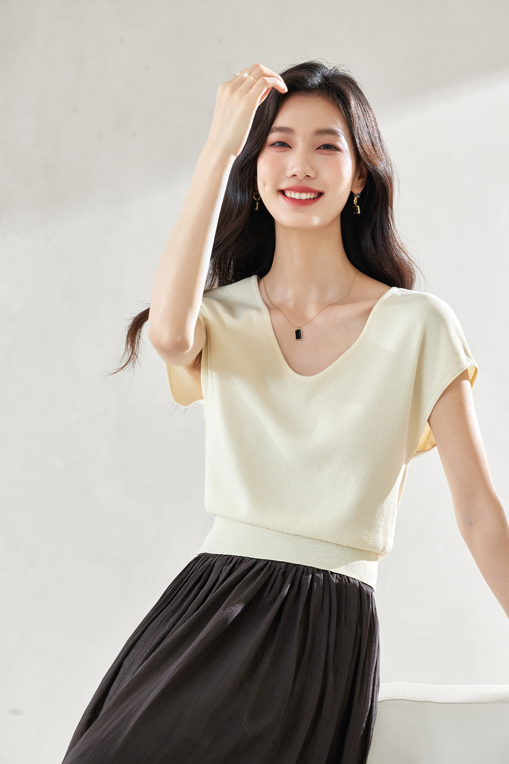 Waist-Cinched Hollowed-Out Knitted Sweater