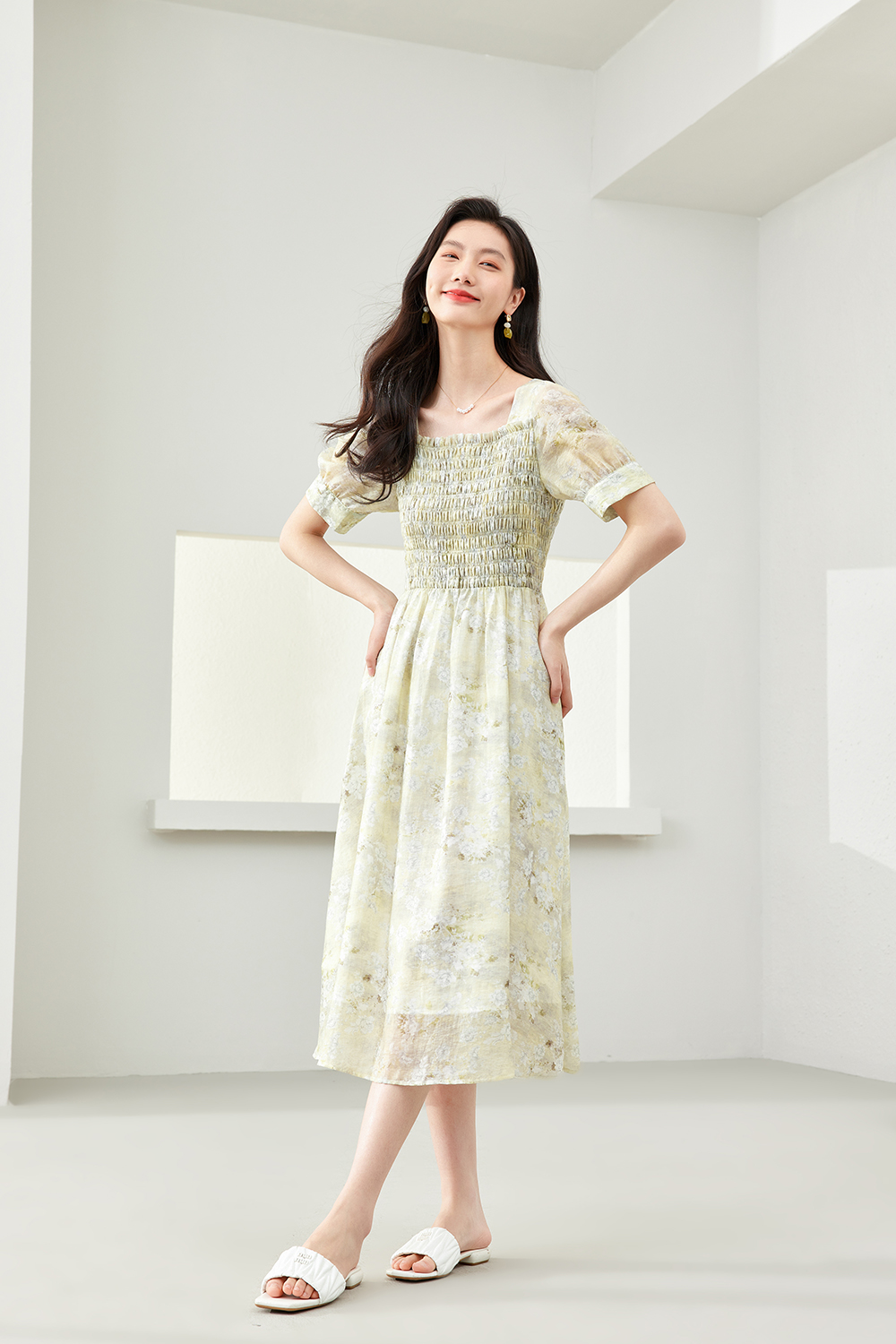 Floral Lyocell Square-Neck Dress