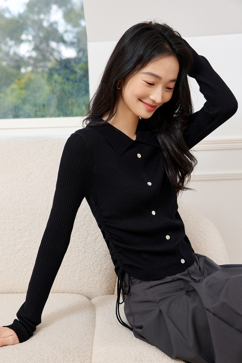 Polo Collar Textured Knitted Sweater