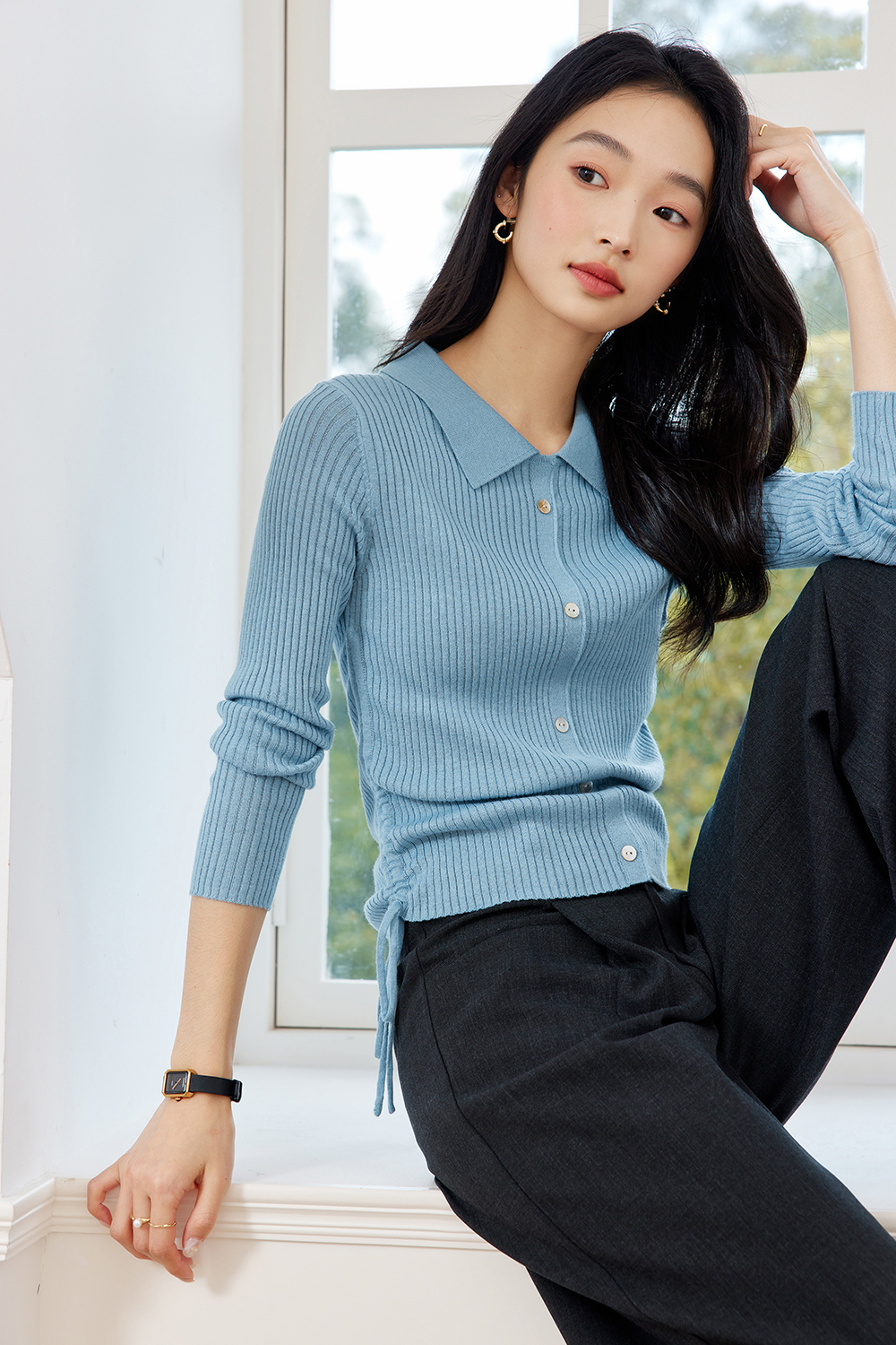 Polo Collar Textured Knitted Sweater