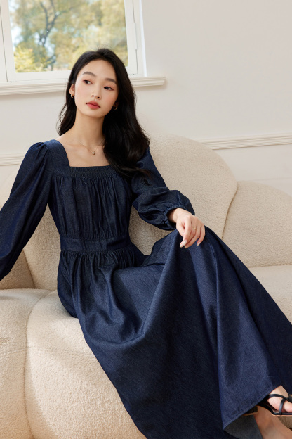 French Square-Neck Denim Dress