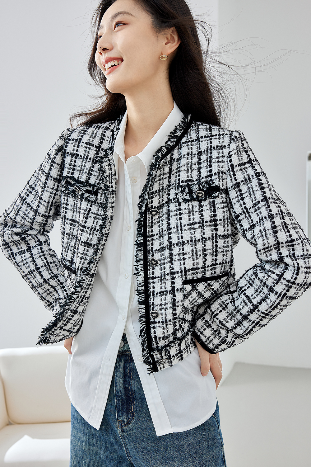 Tweed fabric black and white plaid thick coat