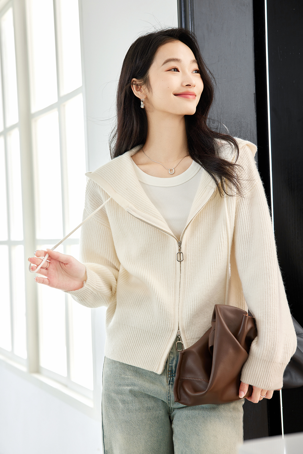 Lazy style hooded knitted jacket-VIMLYSTORE