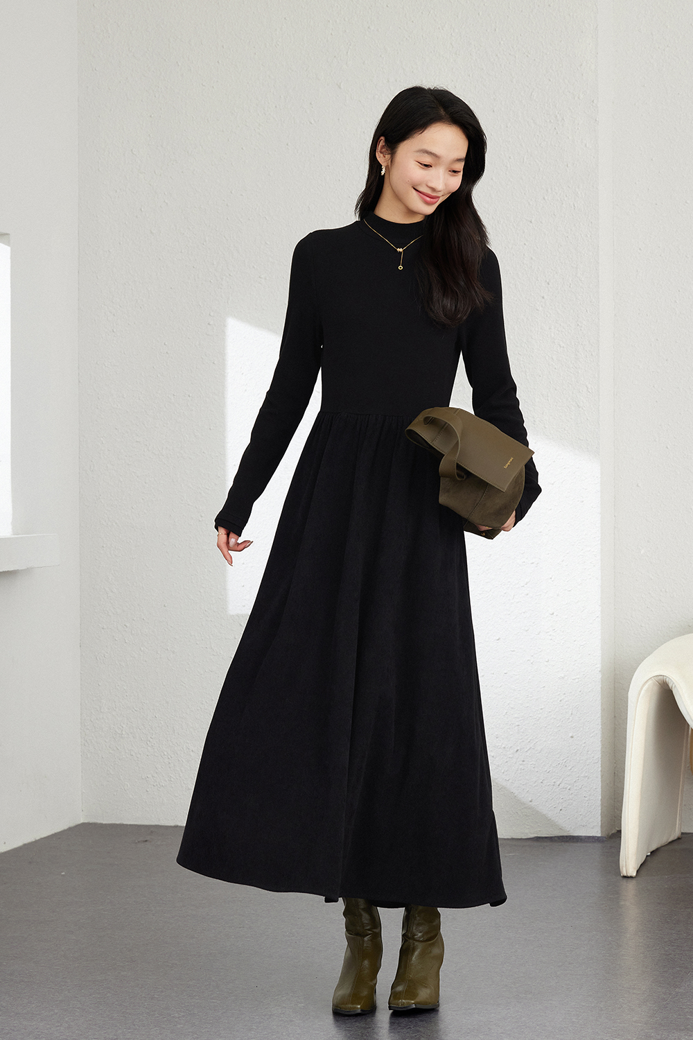 Black double-fabric spliced dress-VIMLYSTORE