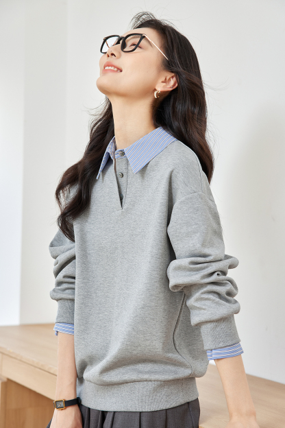 School Style Spliced Lapel Sweatshirt