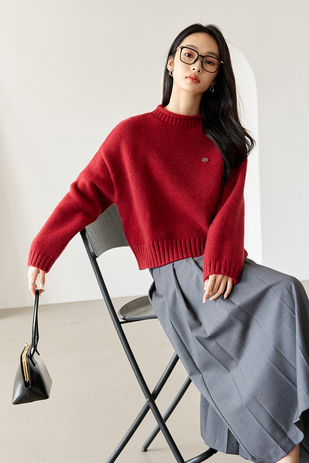 Rolled Hem Semi-High Neck Knitted Sweater-VIMLYSTORE
