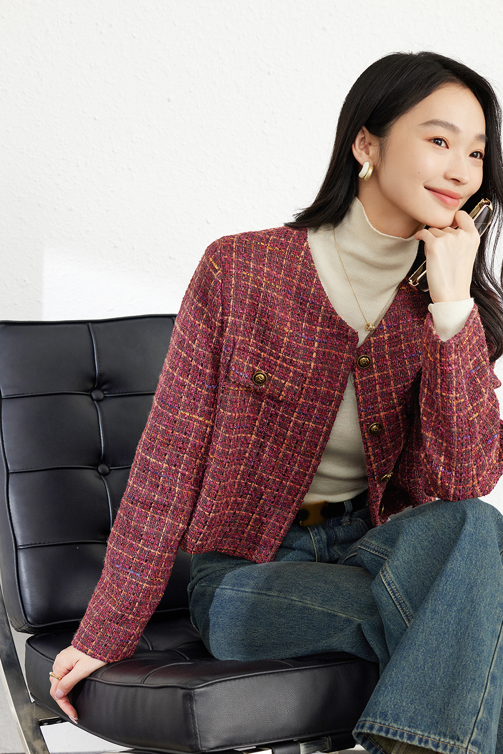 Fashionable Retro Red Check Short Jacket