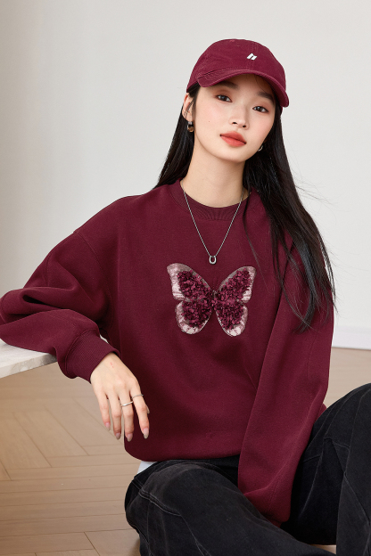 Butterfly Embroidered Fleece-Lined Sweatshirt-VIMLYSTORE