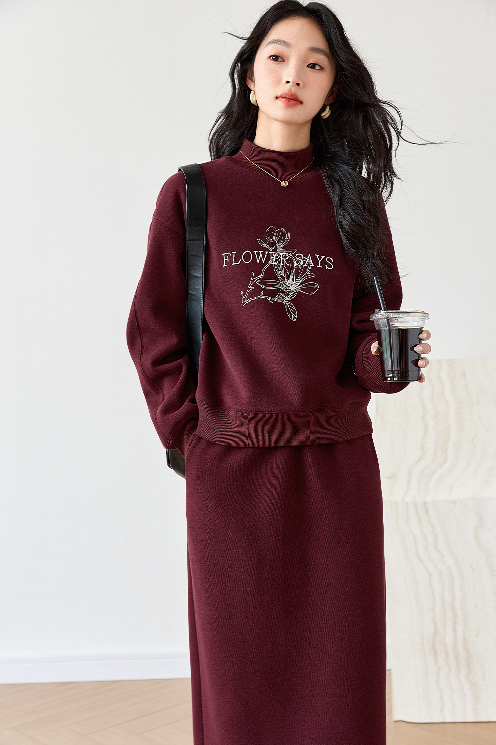 Semi-High Neck Printed Sweatshirt Set-VIMLYSTORE