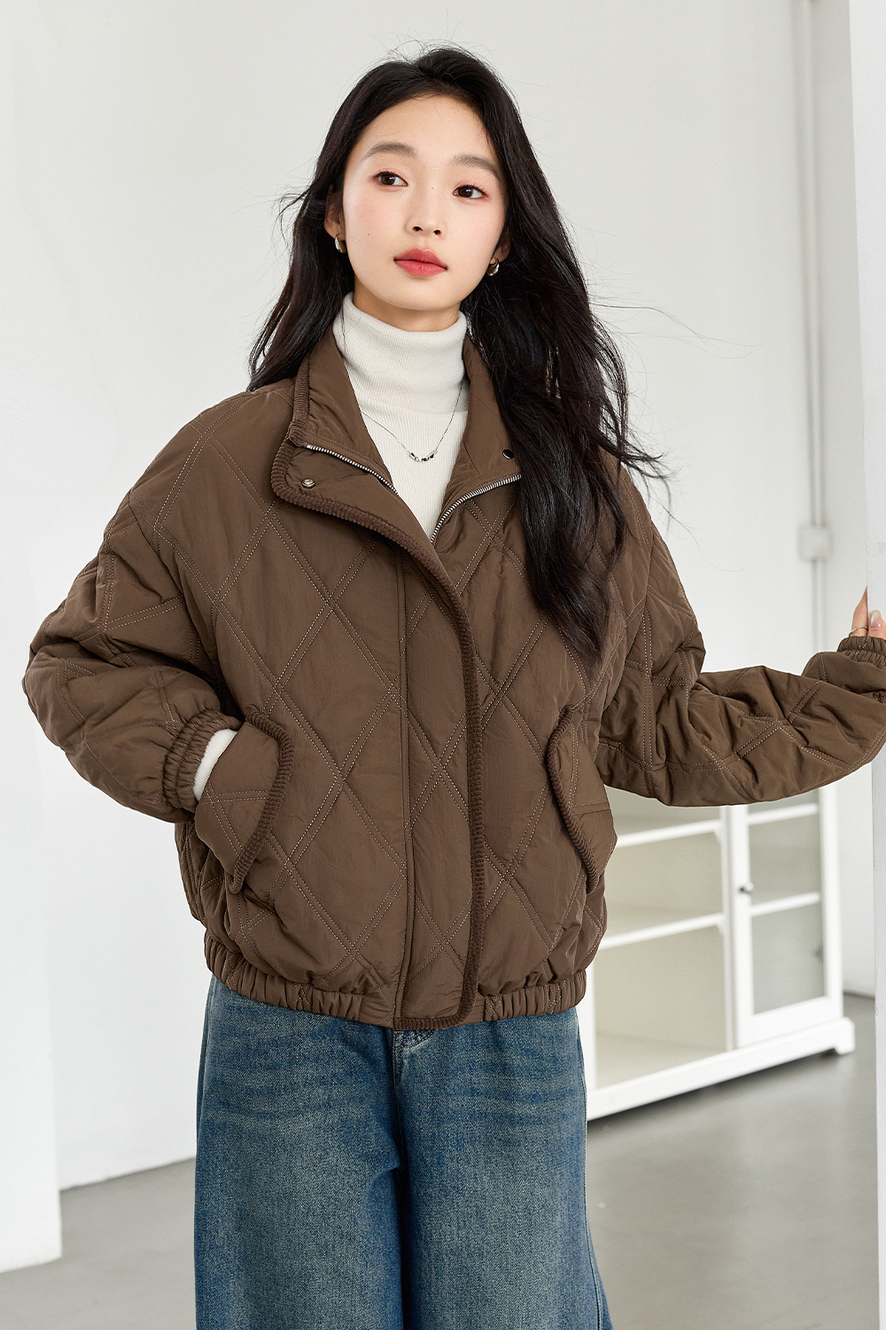 Stand-up collar diamond-quilted cotton-padded jacket-VIMLYSTORE