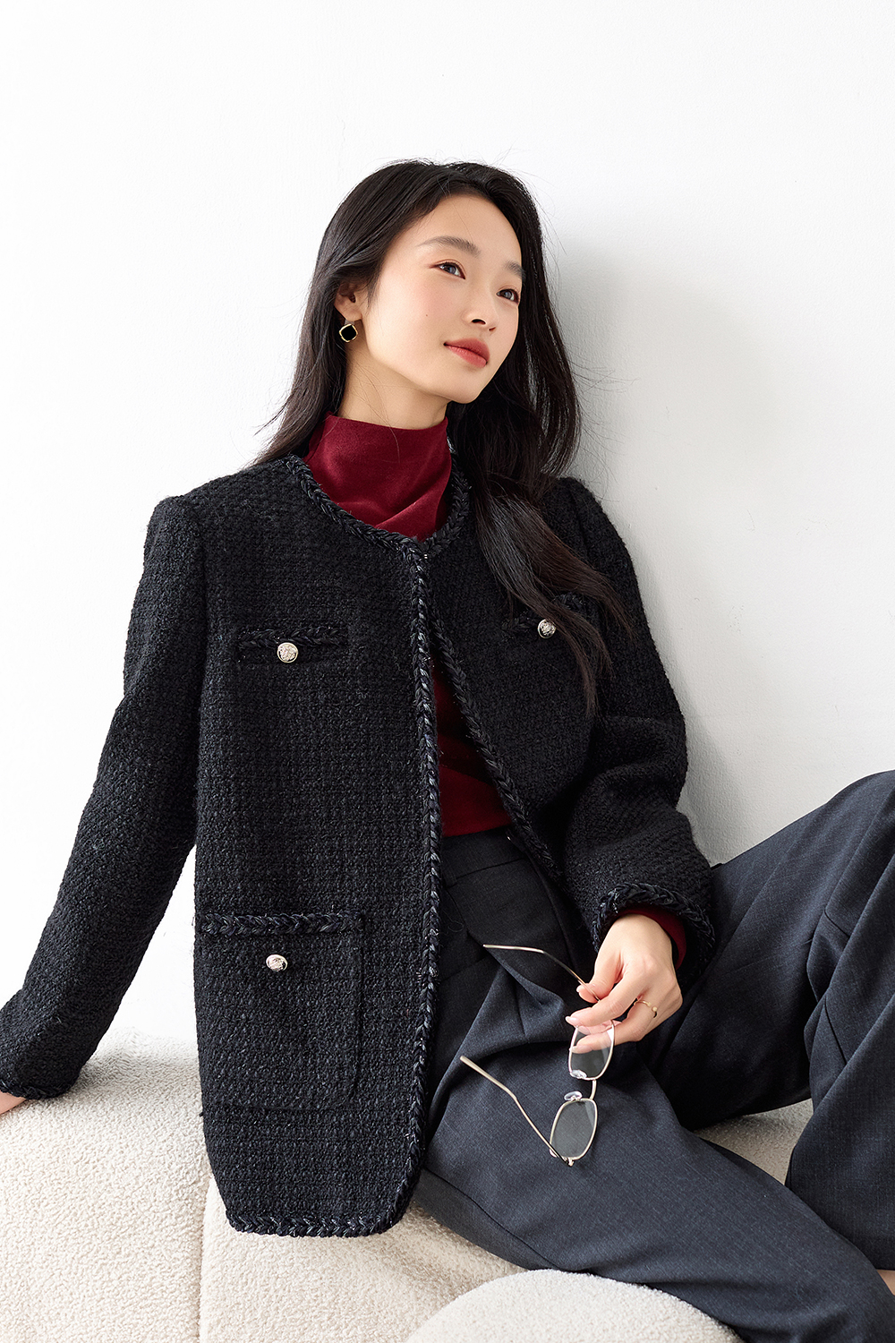 Aristocratic-Style Trimmed Tweed Jacket-VIMLYSTORE