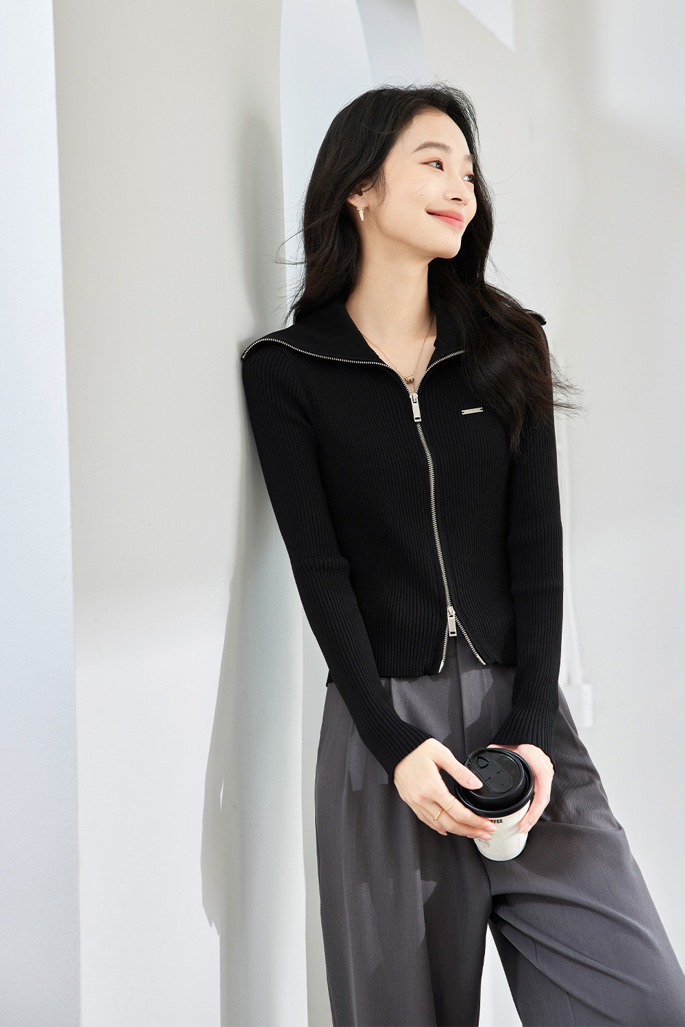 Doubleheaded Zipper Knitted Cardigan-VIMLYSTORE