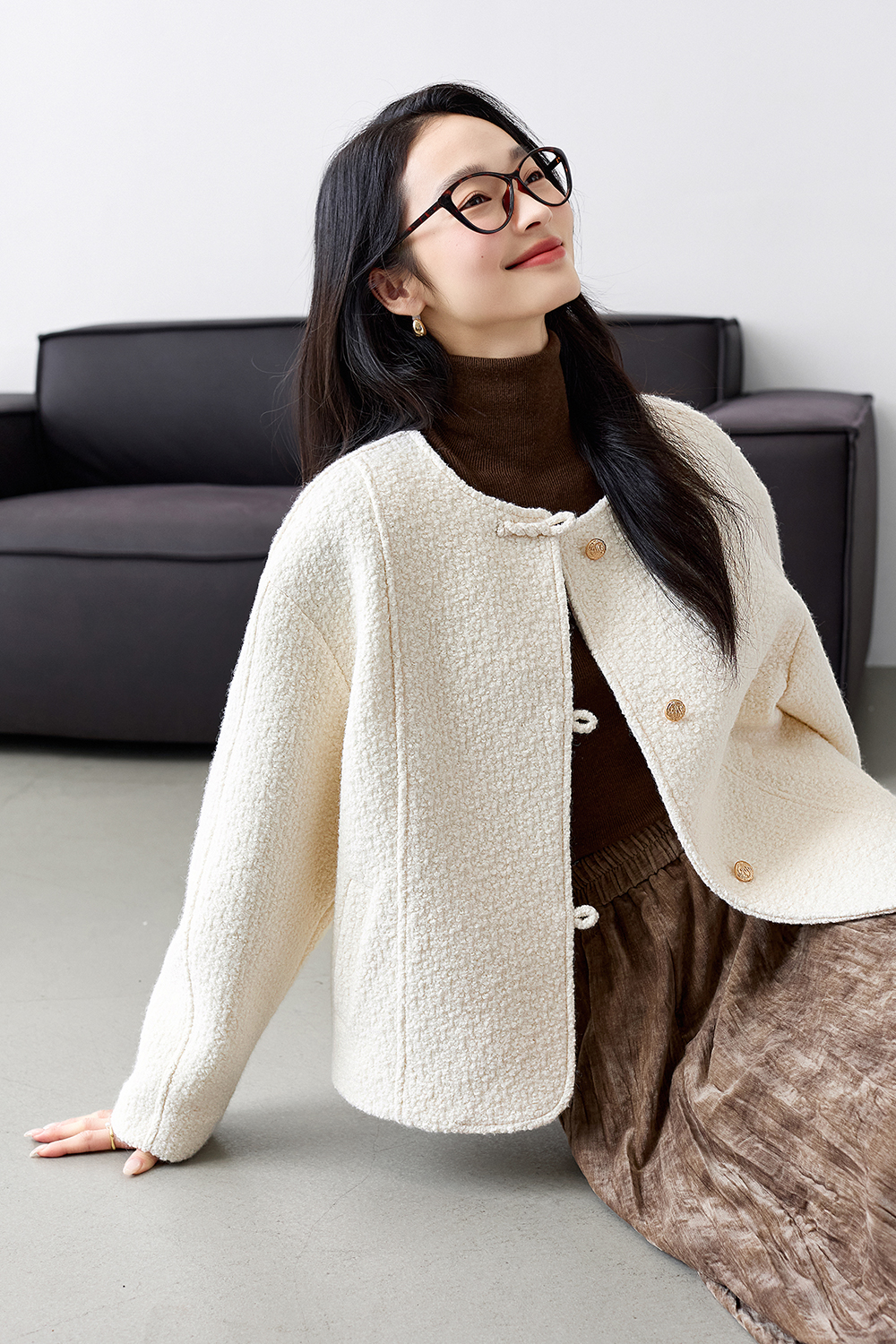 Buttoned Design Tweed Short-length Coat-VIMLYSTORE