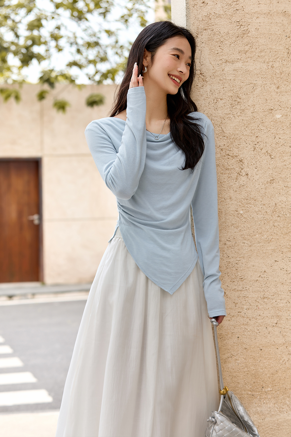 Natural Pleated Solid Color T-Shirt-VIMLYSTORE