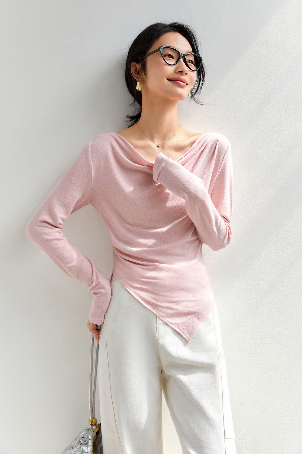 Natural Pleated Solid Color T-Shirt-VIMLYSTORE