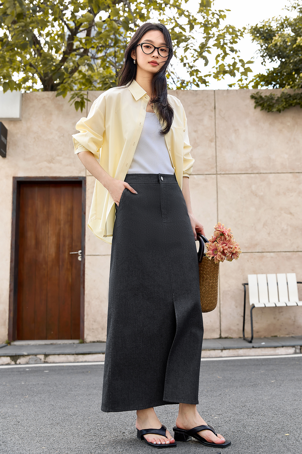 Simple Denim Straight Skirt-VIMLYSTORE