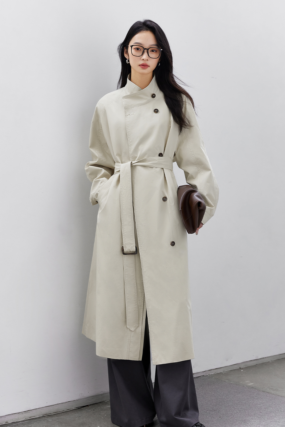 Stand-Up Collar Buttoned Trench Coat-VIMLYSTORE