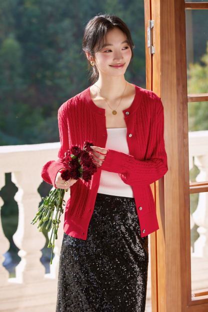 Red Wide-striped Knitted Cardigan