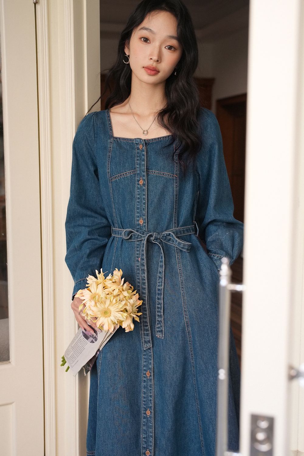 Retro Denim Lace-Up Dress