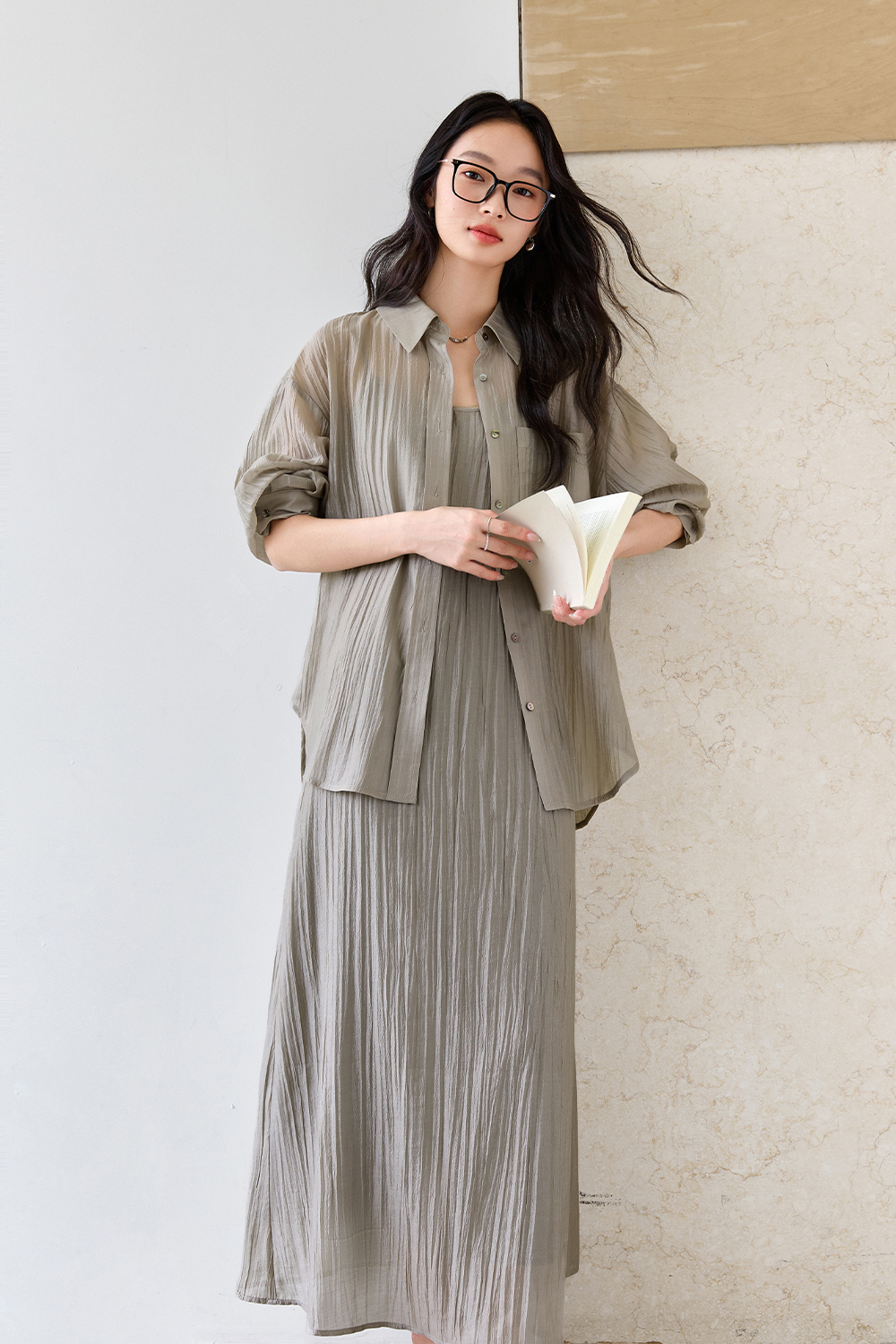Tea Color Pleated Set-VIMLYSTORE