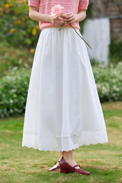 Lace-Edged White Long Skirt