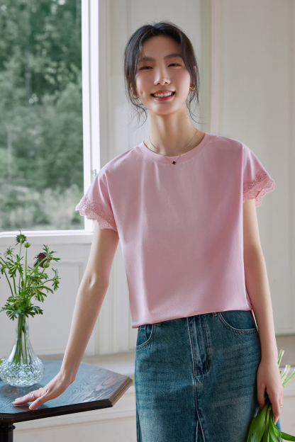 Lace Decoration Solid Color T-Shirt