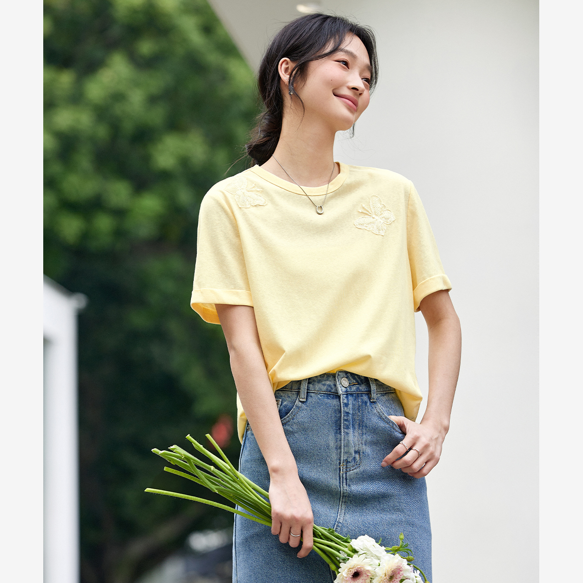 Lace Butterfly Solid Color T-Shirt
