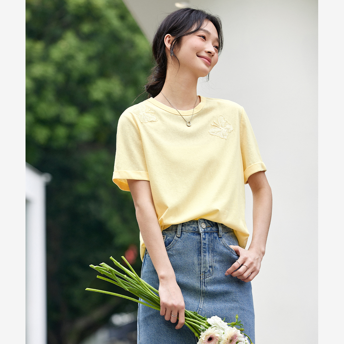 Lace Butterfly Solid Color T-Shirt