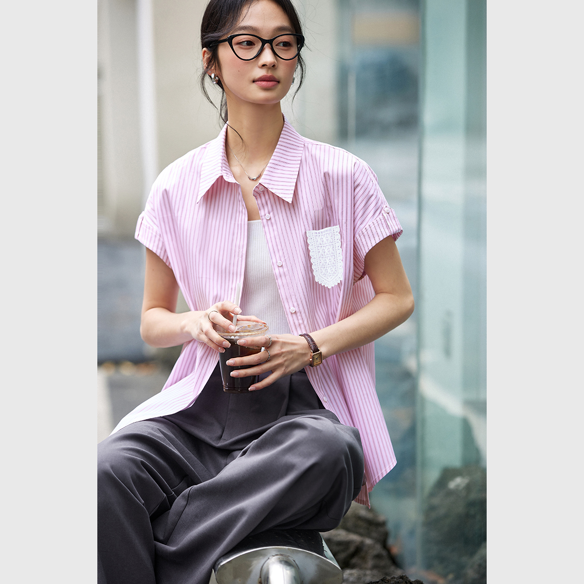 Lace Pocket Striped Shirt
