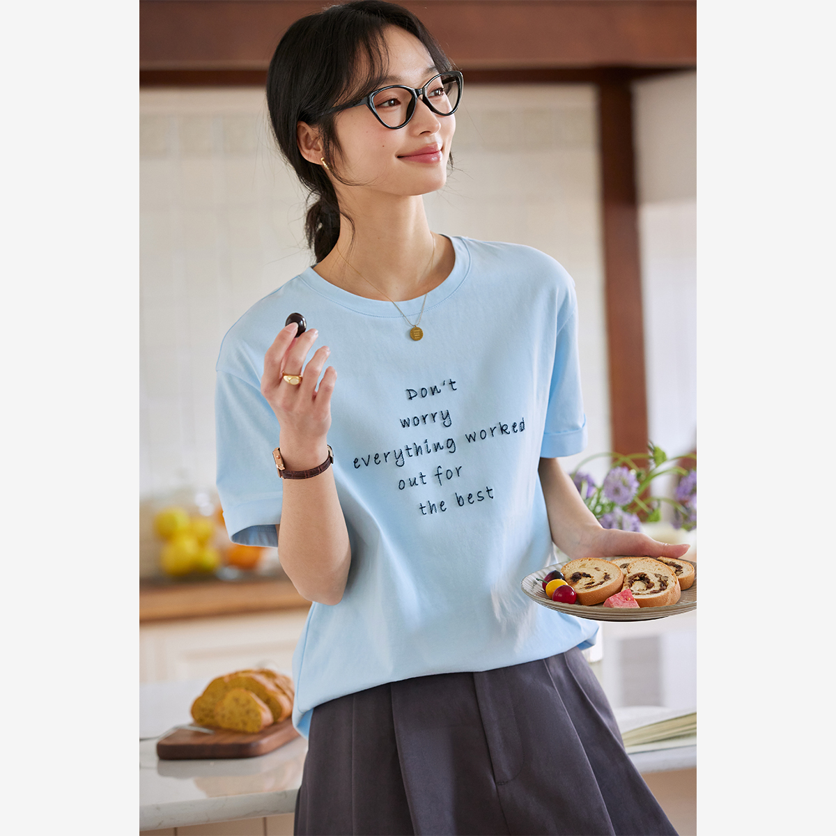 Letter Embroidered Round Neck T-Shirt