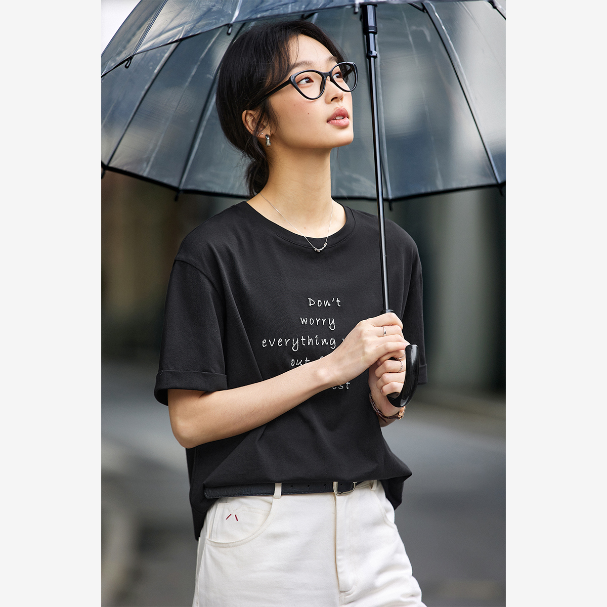 Letter Embroidered Round Neck T-Shirt