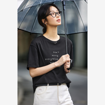 Letter Embroidered Round Neck T-Shirt