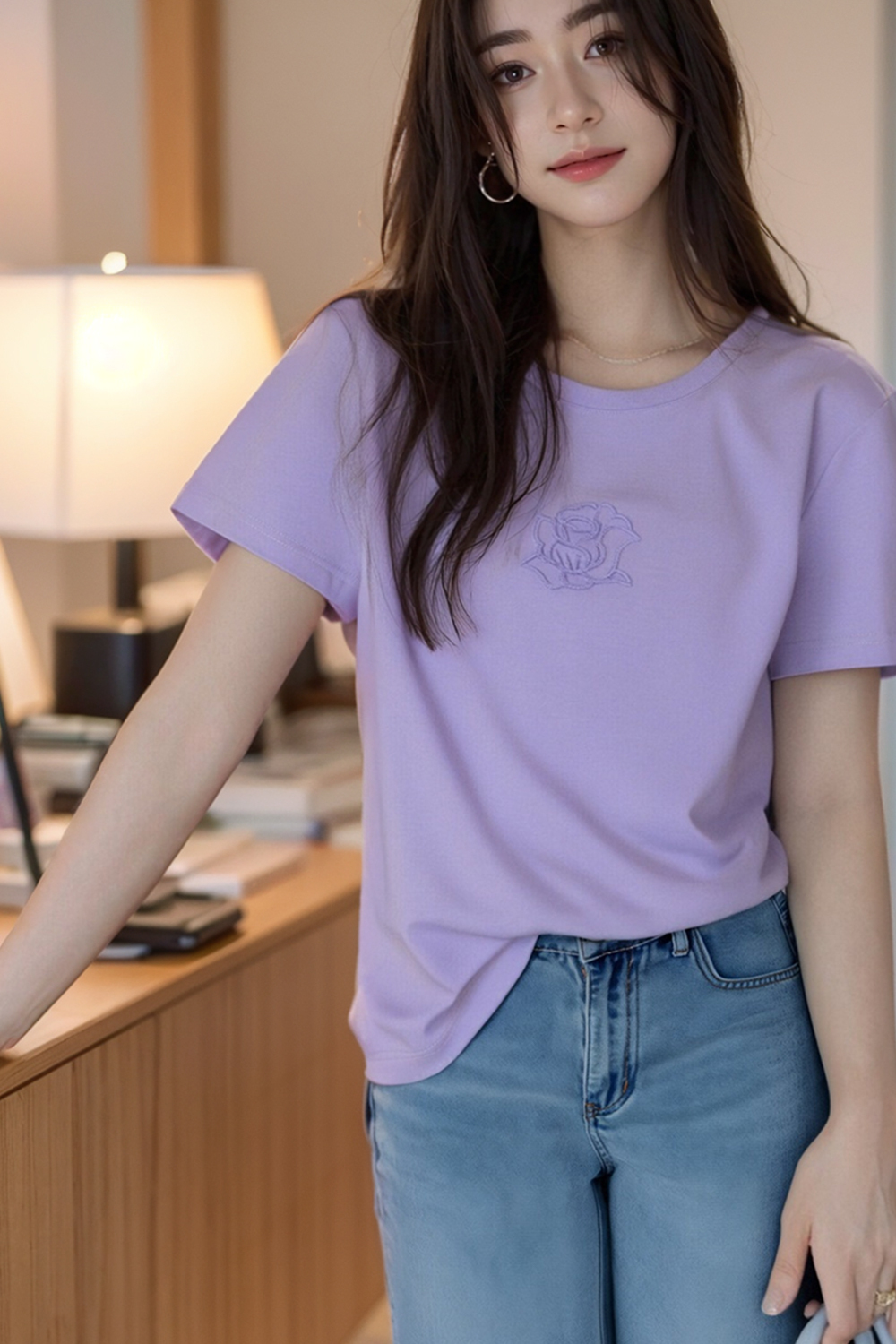 Toothbrush Embroidered Flower Design Loose T-Shirt