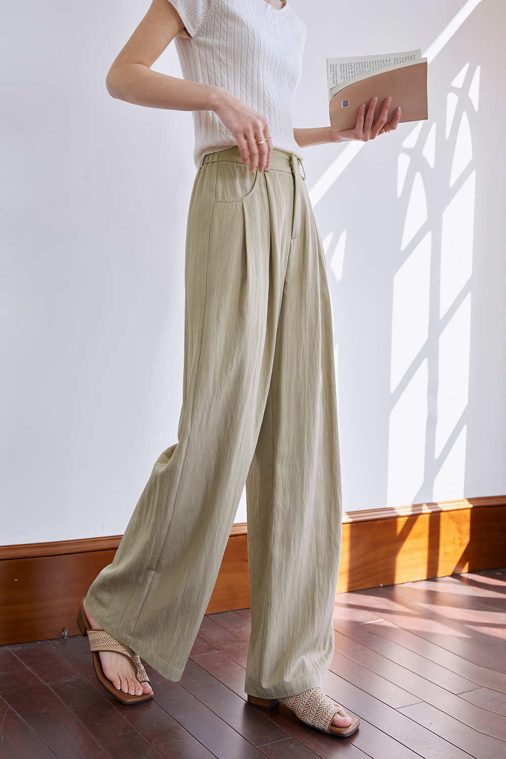 Woven Mid-Waist Casual Wide-Leg Pants