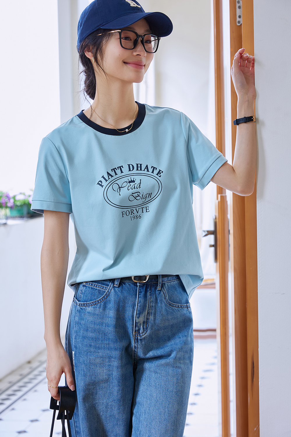 Round Neck Printed Decorative Straight T-Shirt