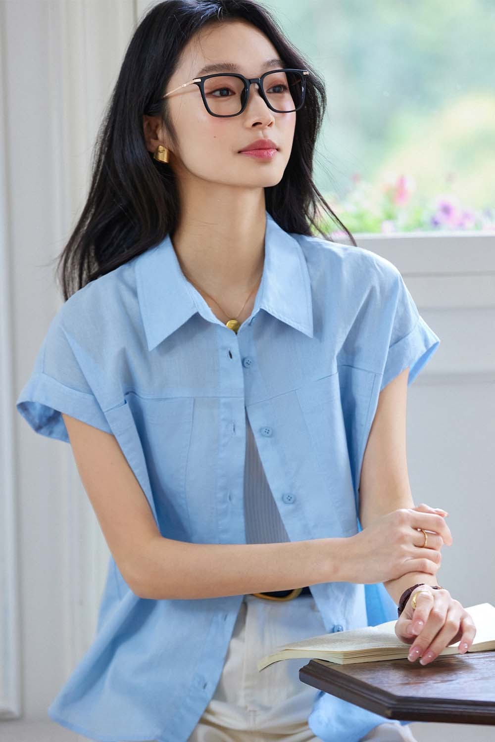 Cotton And Linen Blend Straight Shirt