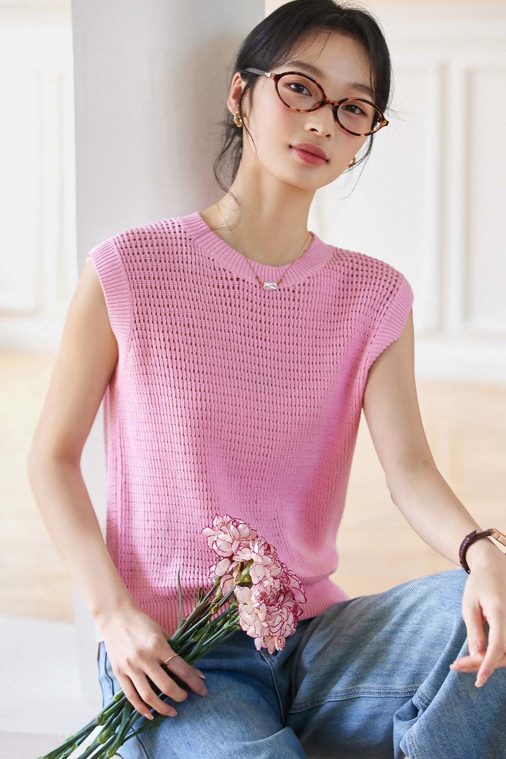 100% Cotton Minimalist Style Hollow Sweater