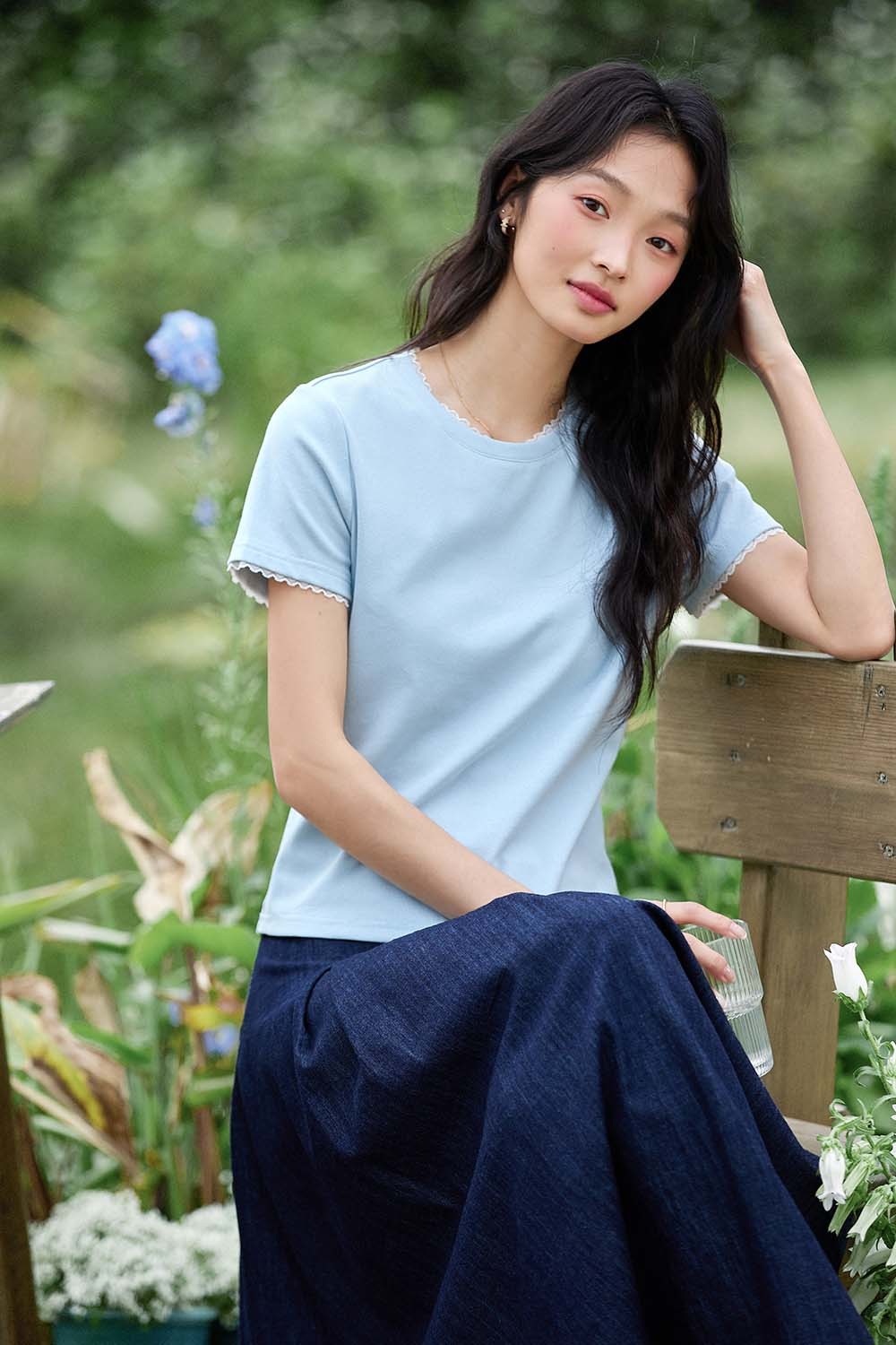 Paneled Round Neck Straight T-Shirt