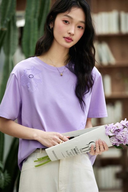 Hollow Flower Embroidery Straight T-Shirt-VIMLYSTORE