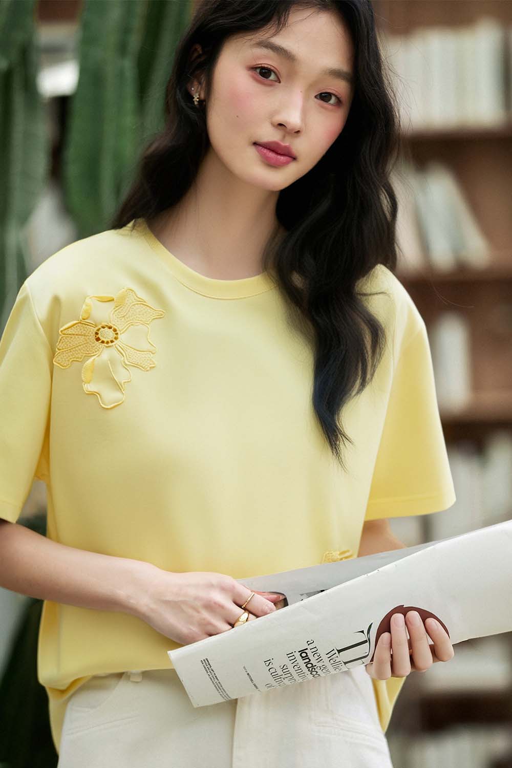 Hollow Flower Embroidery Straight T-Shirt-VIMLYSTORE
