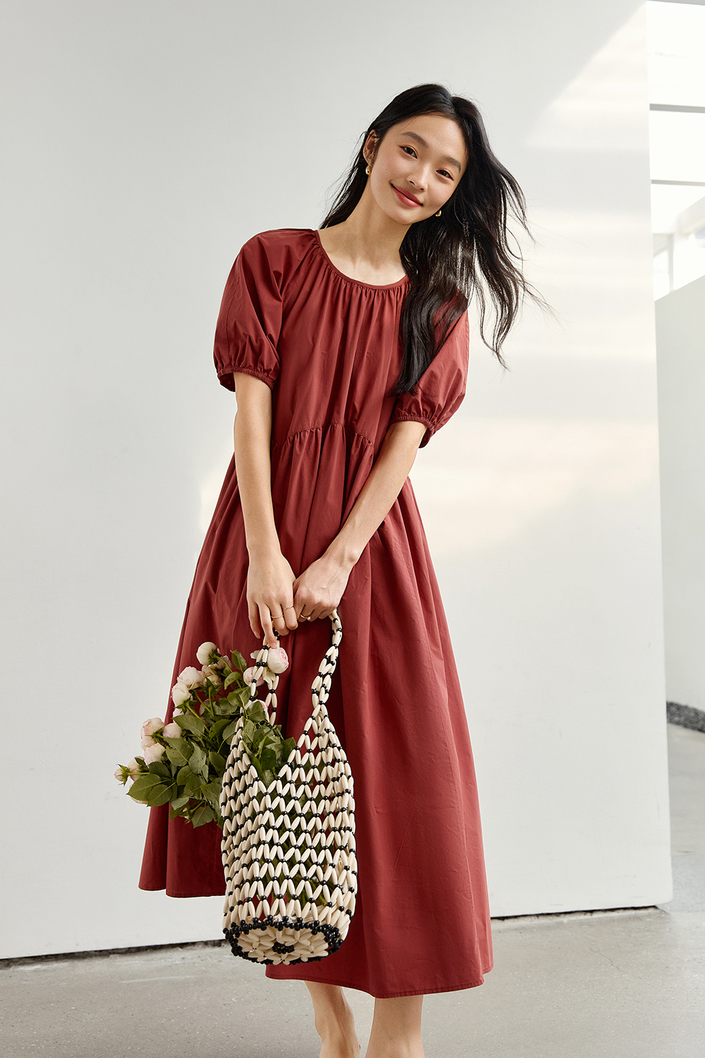 Minimalist Cotton Puff-Sleeve Relaxed Dress-VIMLYSTORE
