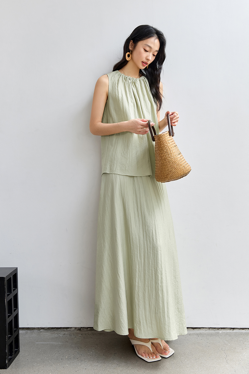 French-Casual Round Neck Sleeveless Top with Flowy Skirt Set-VIMLYSTORE
