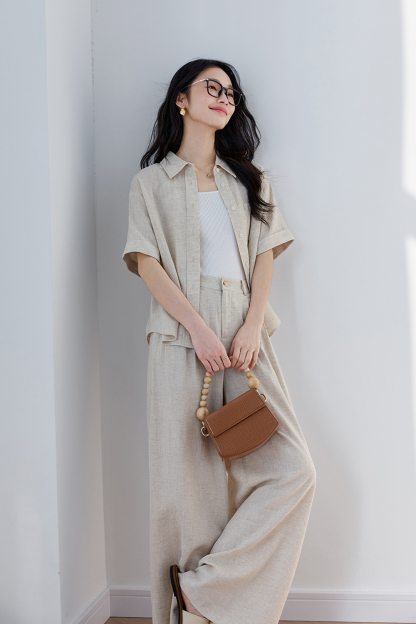 Trendy Relaxed Short-Sleeve Top with High-Waist Wide-Leg Pants Set