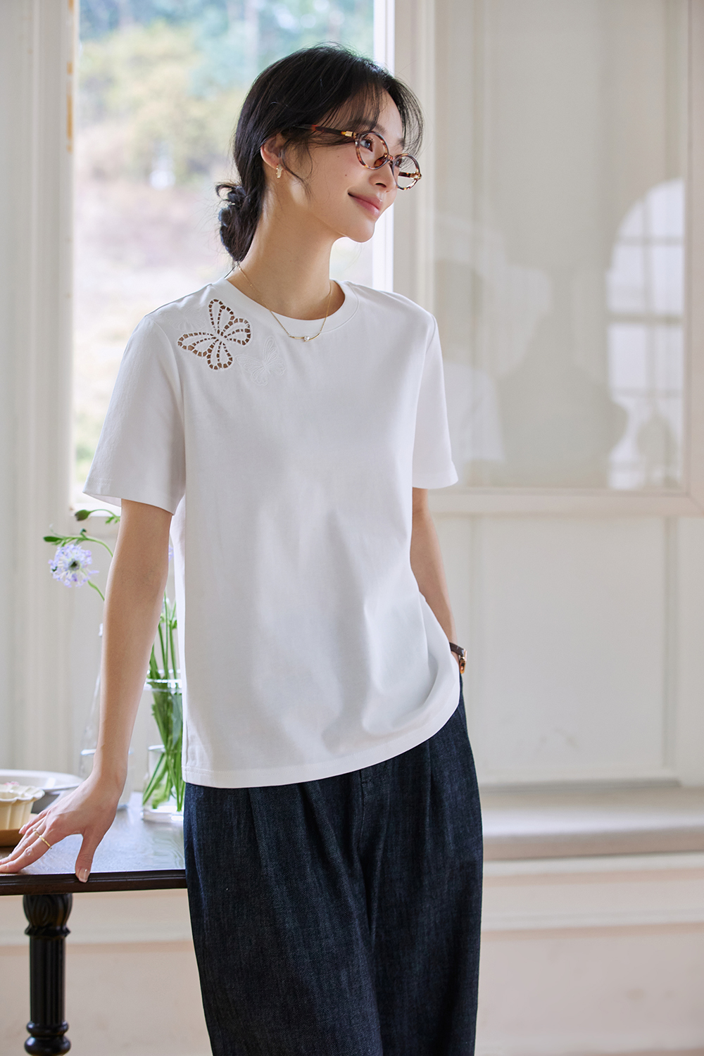Cotton Round Neck Short-Sleeve Tee with Butterfly Cut-Out Embroidery-VIMLYSTORE