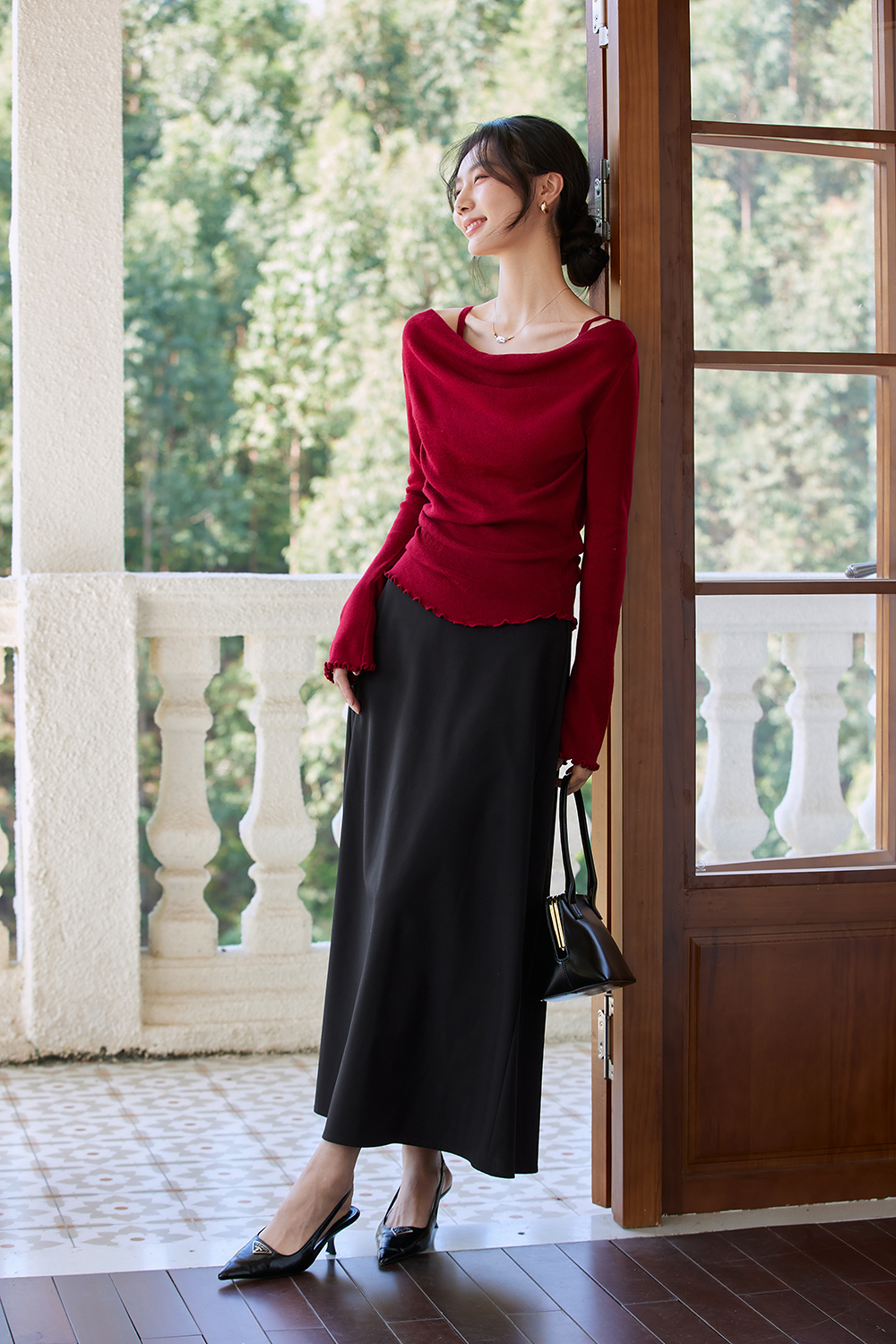 Boat-Neck Wool Knit Sweater with Statement Sleeves-VIMLYSTORE