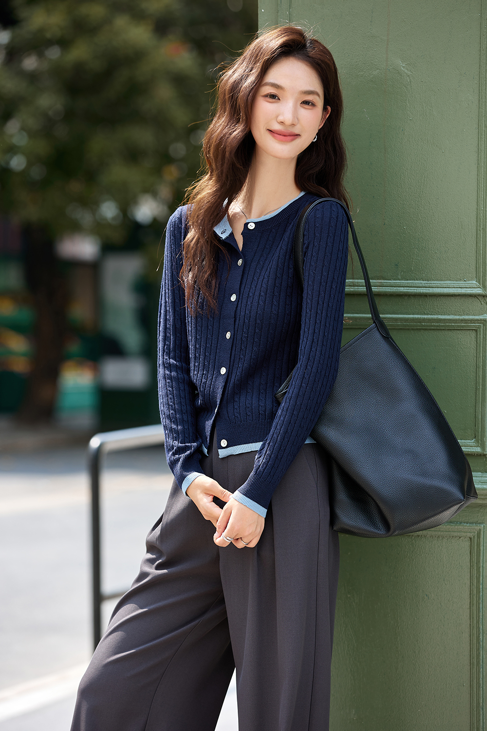 Color-Block Ribbed Knit Cardigan with Faux Underlayer-VIMLYSTORE